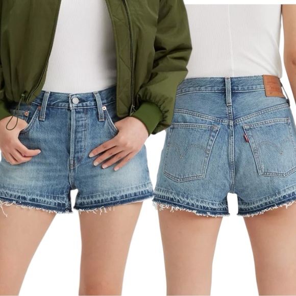 Levi's 501 Original Fit High Rise Blue Jean Shorts 31 Distressed Hem - Picture 1 of 14